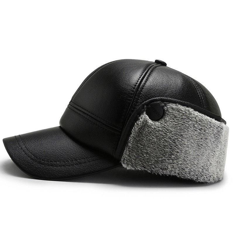 Zwarte pu leren wintermutsen snapback oorkleppen baseballpet heren gehoorbescherming skimuts outdoor plus fluwelen verdikking warm  l15