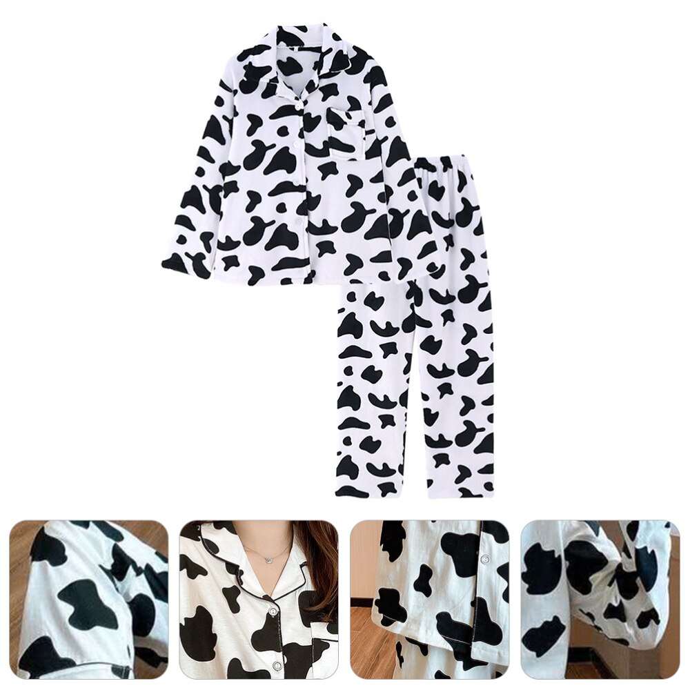 1 Set Ladies Long Sleeve Pyjamas Set Cow Pattern Sleepwear Trousers ): XL