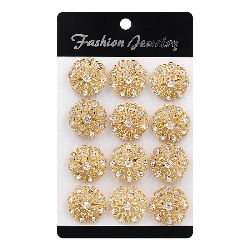 Pack of 12 pieces Small Flower Bejeweled Rhinestones Brooch Pins Set For Women or Wedding Bouquets: Gold-color