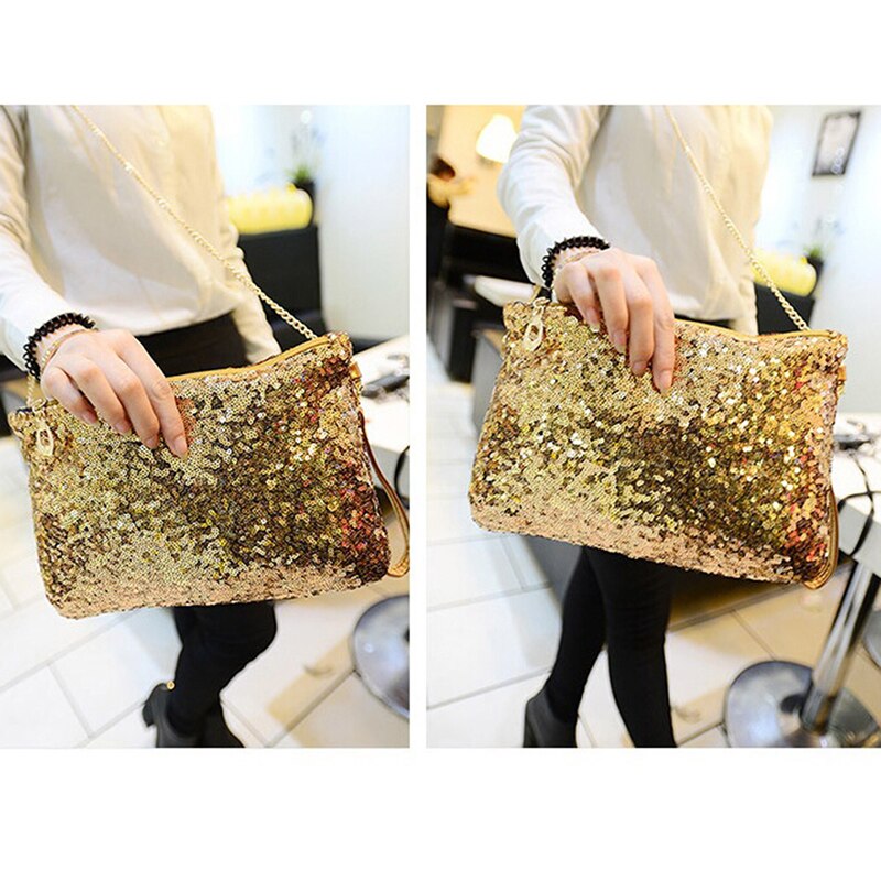 Women Ladies Glitter Sequins Handbag Sparkling Party Evening Envelope Clutch Bag Wallet Tote Purse Black Gold Silver