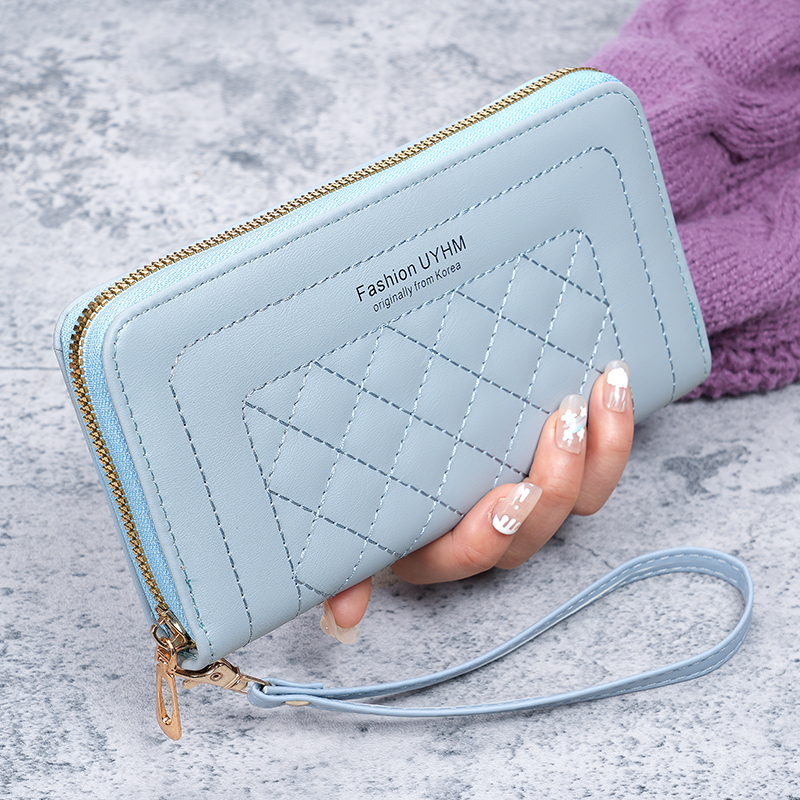 ladies purse long Joker zipper clutch bag embroidered large capacity soft wallet mobile phone bag: Blue