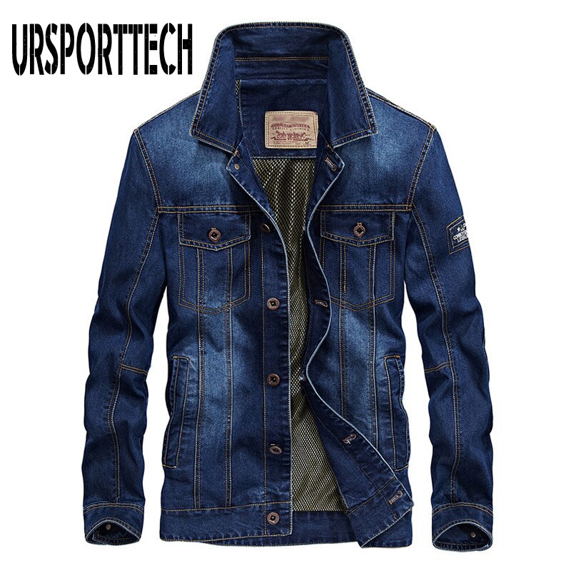 Ursporttech denim jakker mænd frakke mørkeblå casual teenagere denim jakke bomuld turn-down krave lange ærmer denim bomber jakker