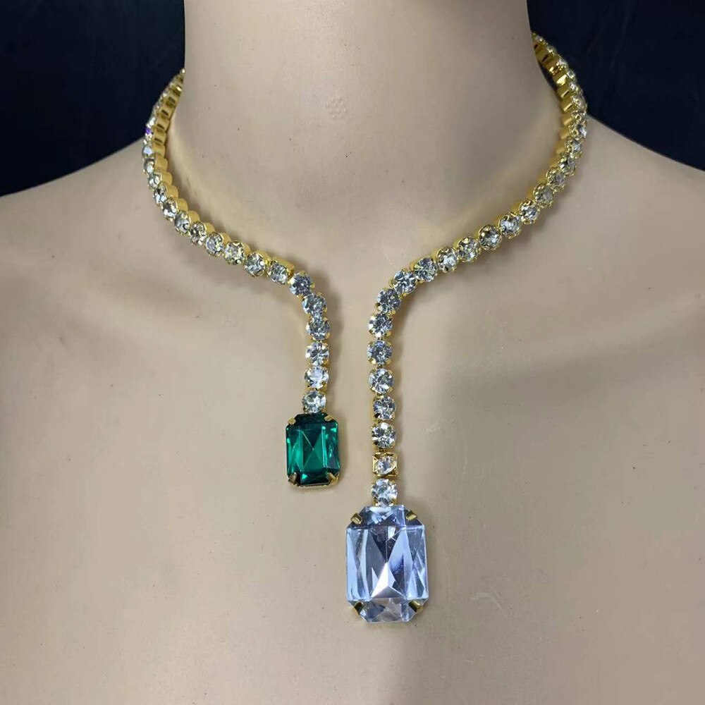 Collar con colgante de cristal doble grande para mujer, joyería de boda con Torques, Gargantilla abierta con diamantes de imitación brillantes: Green / Plata