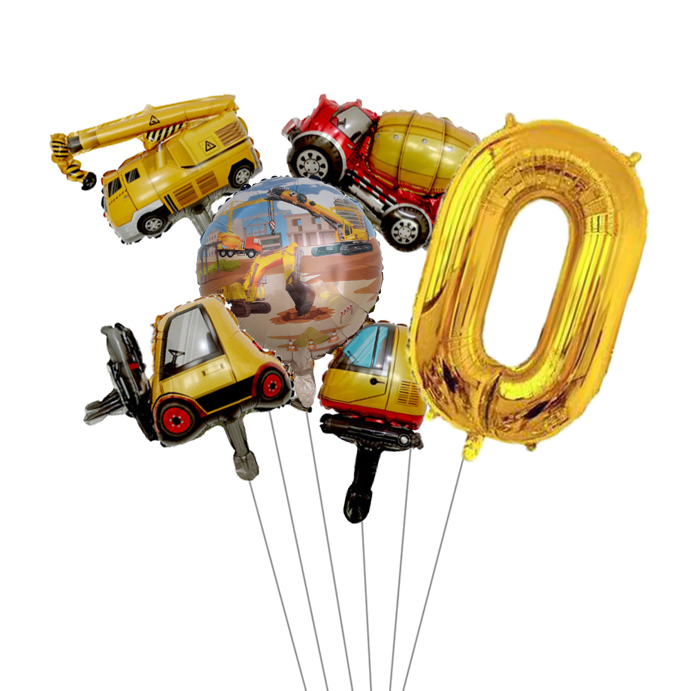 6pcs Mini Carton Vehicle Balloon with 32inch Gold Number Balloon Set for Boy's Construction Themed Birthday Party Decorations: Laser