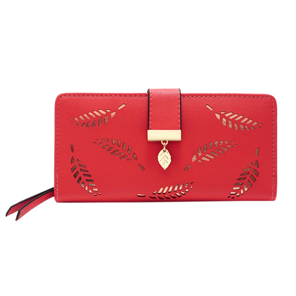 Vrouwen Portemonnee Pu Lederen Tas Vrouw Lange Wallet Gold Hollow Bladeren Pouch Handtas Voor Vrouwen Portemonnee Kaarthouders Clutch #14: Rood