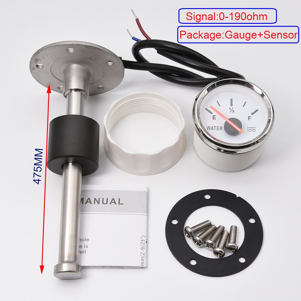 Boot Auto 52MM Wasserstand Messgeräte 0-190ohm Rot Hintergrundbeleuchtung Marine Wasser Tank Ebene Anzeige Meter Wasser Level Sensor 100-550MM: 475mm