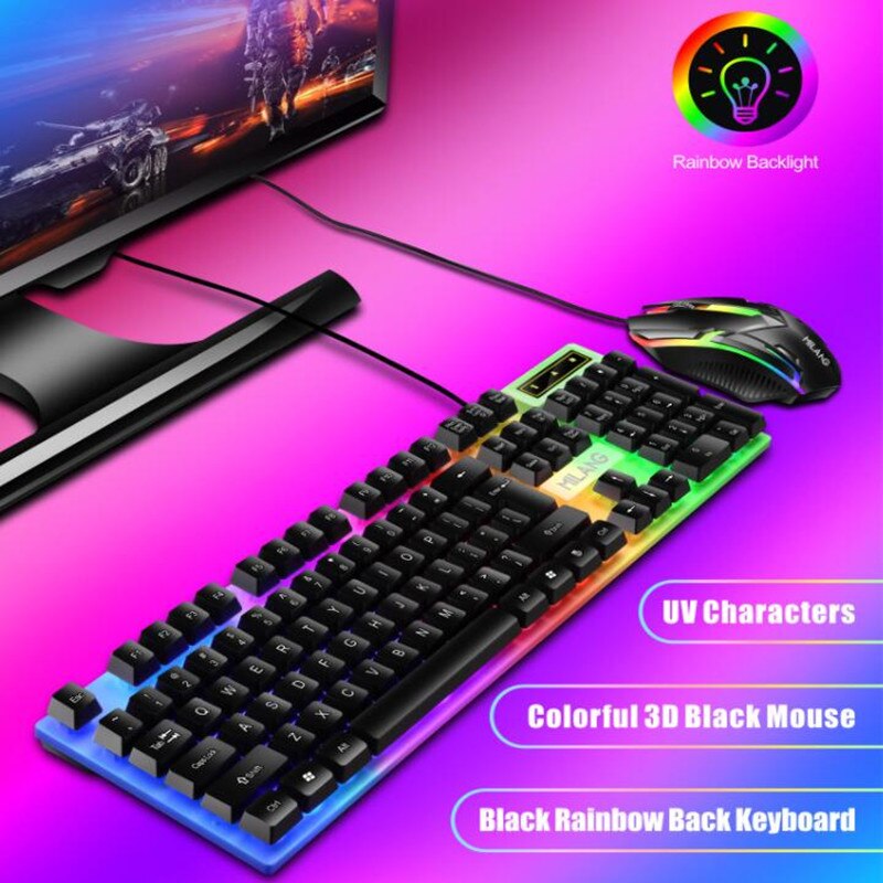 USB Wired Gaming Colorful Luminous Backlit Keyboard and Mouse Set Backlit Keyboard and Mouse Kit for Home Office Gamer Computer