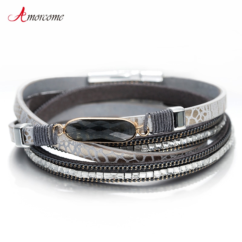 Amorcome Eenvoudige Dames Crystal Charms Lederen Armband Voor Vrouwen Boho Multilayer Wrap Armband Vrouwelijke Sieraden
