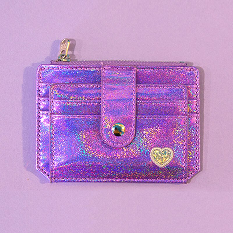 Glänsande myntväska kvinnor harajuku stil pu dragkedja multi-kort position kort snap-on plånbok utomhus resor tarjetero: Lila