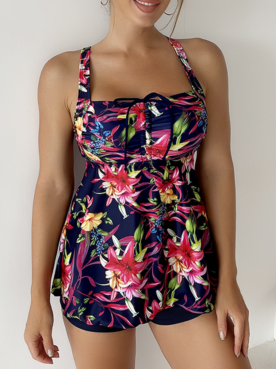 2025 imprimé fleuri Tankini ensemble deux pièces maillot de bain court femmes cordon maillots de bain femme maillot de bain maillots de bain natation été: XXXL / Marron