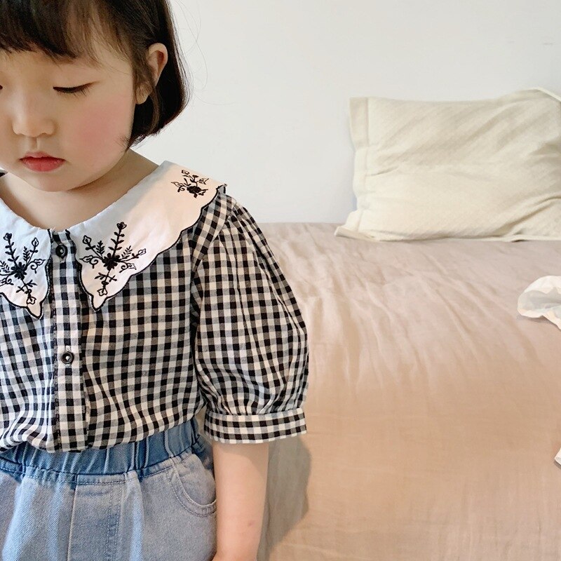 Baby Girls Embroidered Plaid Shirt Sweet Toddler Blouse Infant Summer Short Sleeve Children Cotton Shirts Kids Tops Pants: plaid shirt / 4T