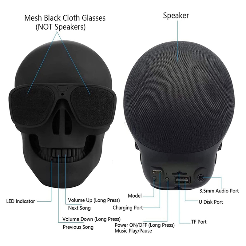 Bluetooth Speaker, Portable Bluetooth Skull Speakers for Halloween, Party, Travel, Outdoor Decor, Support TF/U Disk/AUX