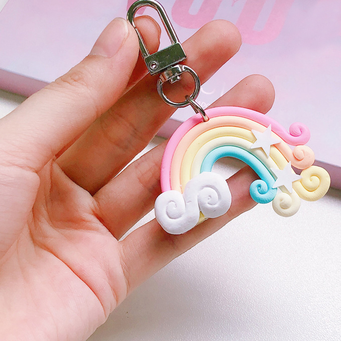 Porte-clés arc-en-ciel mignon, bracelet en cuir, corde tressée, pompon, pour femmes et filles, cloche étoile, sucette, accessoires de sac,: F Couleur