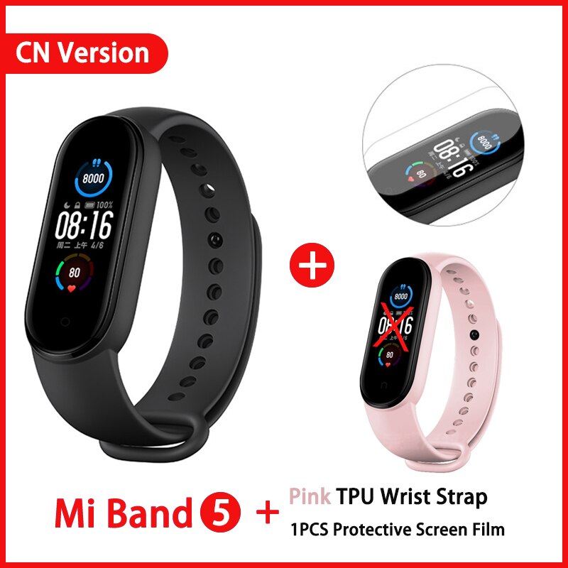 Xiaomi Mi Band 5 Smart Armband 4 Kleur Amoled Screen Miband 5 Smartband Fitness Traker Bluetooth Sport Waterdichte Slimme Band: CN add Pink film