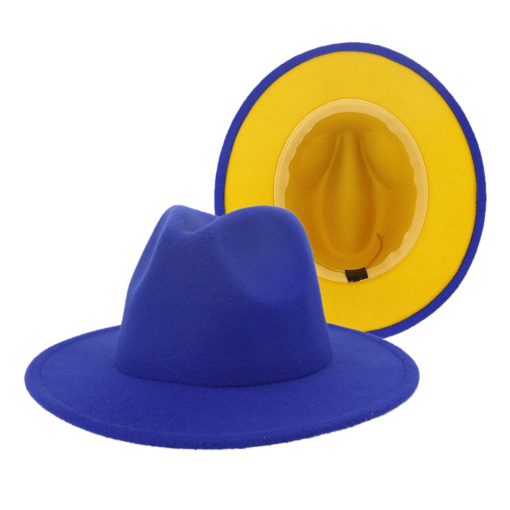 Qbhat blå gul patchwork kvinders klassisk bred brede floppy panama hat bælte spænde dekor uldfilt jazz fedora hatte til festival: Blå og gul / 59 til 60cm