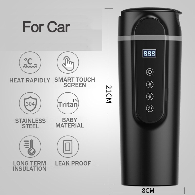 Portable 420ml Stainless Steel 12V/24V Car Heating Cup LCD Display Electric Water Cup Temperature Kettle Coffee Tea Milk Heated: Black1 For Car