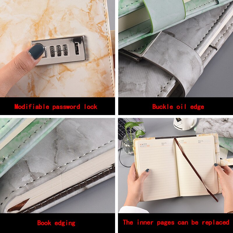 Notebook Wachtwoord Blok, Marmeren Textuur, 100 Stuks, Persoonlijk Dagboek Met Slot Code, Kantoorbenodigdheden, leer,