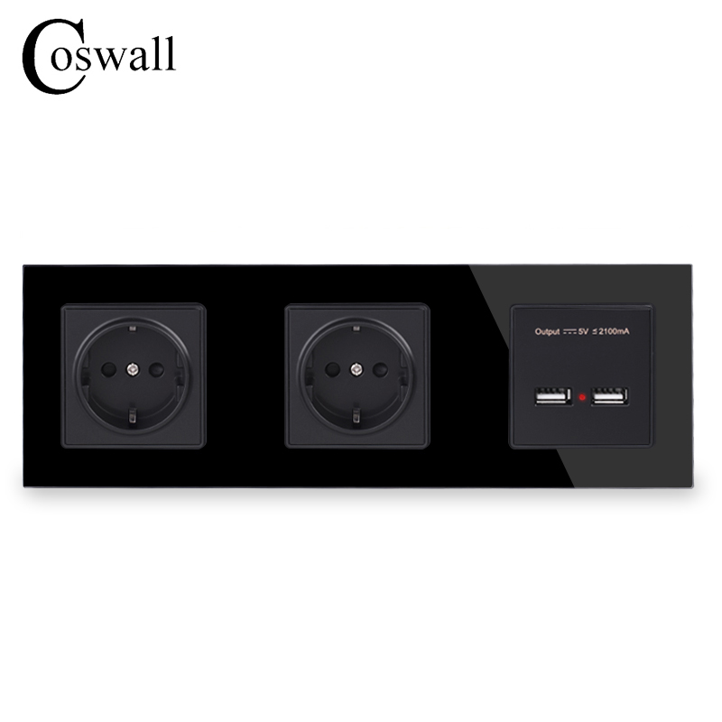Coswall væg krystalglas panel dobbelt stik 16a eu stikkontakt dobbelt usb smart opladningsport 5v 2a output sort farve