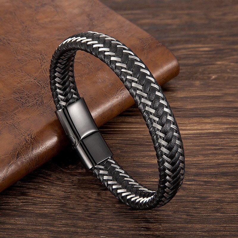 Men Jewelry Stainless Steel Braided Leather Rope Bracelet Punk Accessories Black Magnetic Clasp Bangles