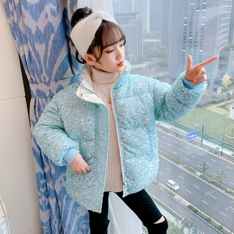 Chaqueta de lentejuelas de colores brillantes para niños, adolescentes y niñas abrigo para, ropa cálida y gruesa, prendas de vestir a la con lentejuelas, novedad de invierno: Lake Blue / 5