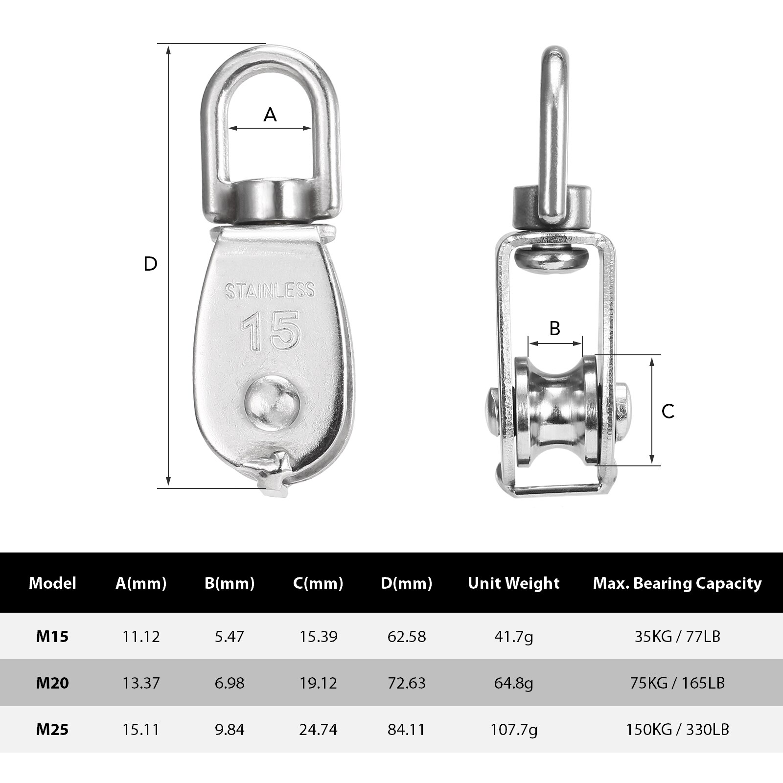 3PCS Lifting Single Pulley Stainless Steel Heavy Duty Single Wheel Lifting Rope Pulley Block for Rock Climbing Fire Survival