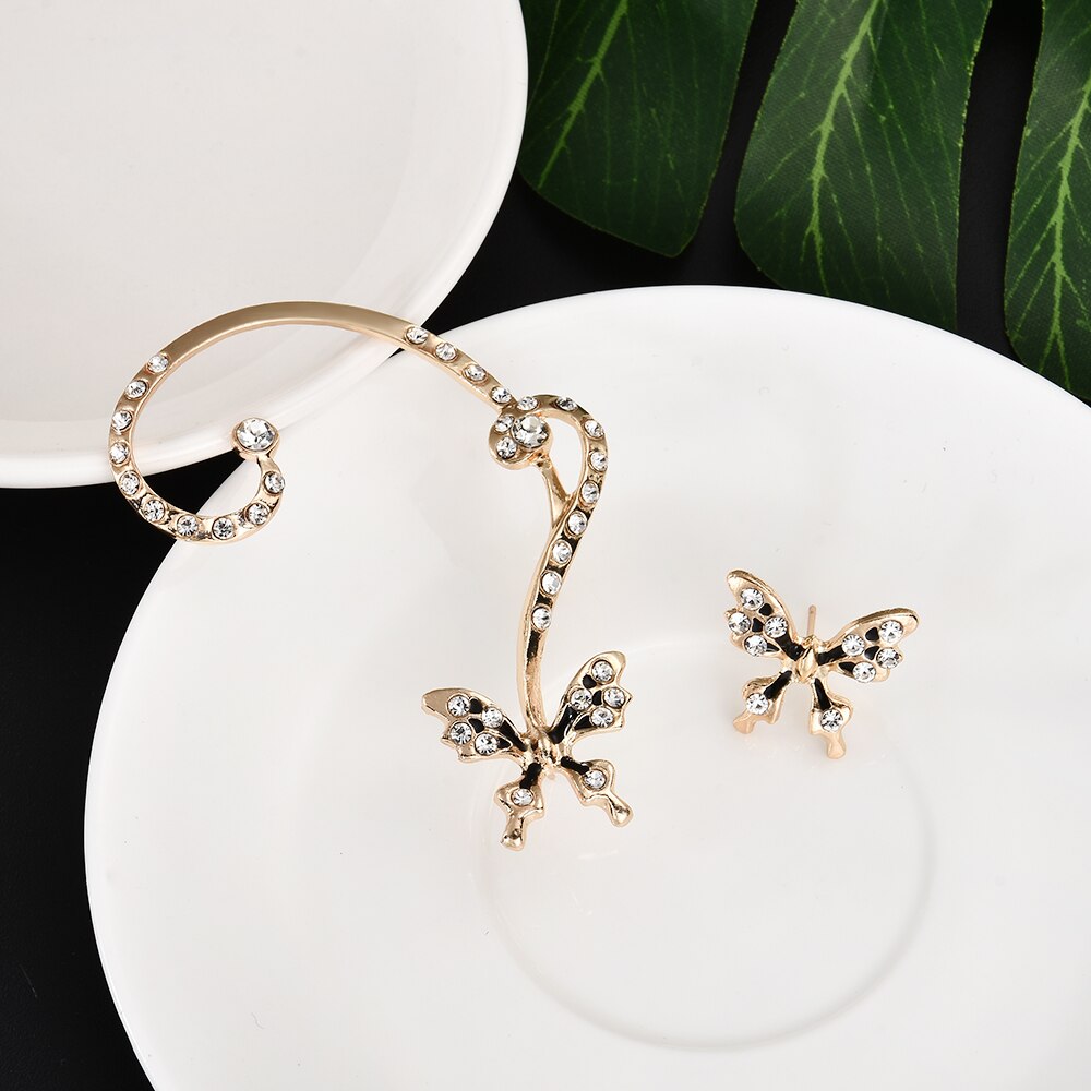 1 Pair Beauty Gold Butterfly Ear Cuff Clip Earrings Crystal Rhinestone ear cuffs Earring For Women Girl Er900