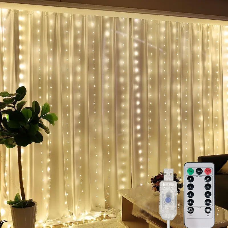 Guirnalda de luces para cortina, iluminación LED para vacaciones, 8 modos, guirnalda navideña para exteriores, de año , jardín, hogar, decoración de boda, 2026: 3 XL / Verde oliva