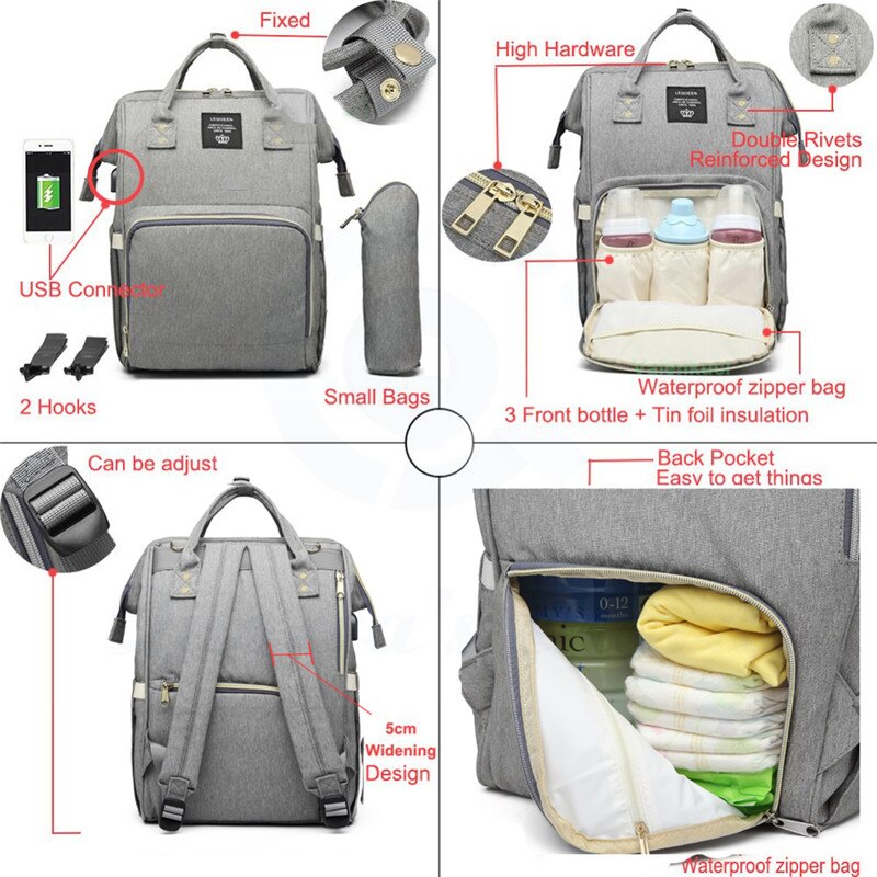 Diaper Bag Backpack Lequeen Large Baby Bag with Changing Pad Travel Back pack Built in USB Waterproof Maternity Bag
