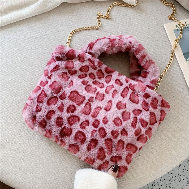 Women Winter Faux Fur Shoulder Bag Handbag lady Leopard print Handbag Female Party Small Girls Tote Bag Christmas: 1