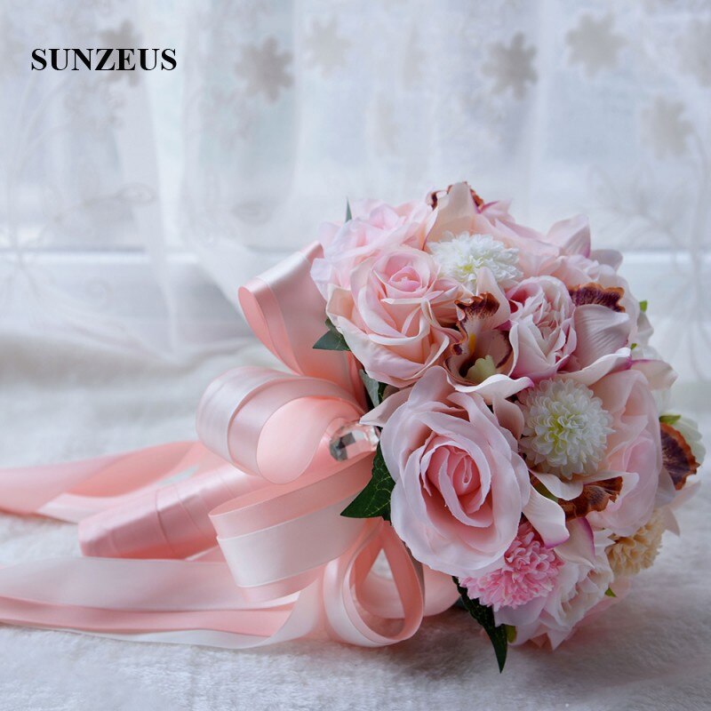 Pink Rose Artificial Flowers Bridal Bouquet for Wedding Party Women Hand Flowers Satin Ribbons 2022 Newly ramo novia SWB14