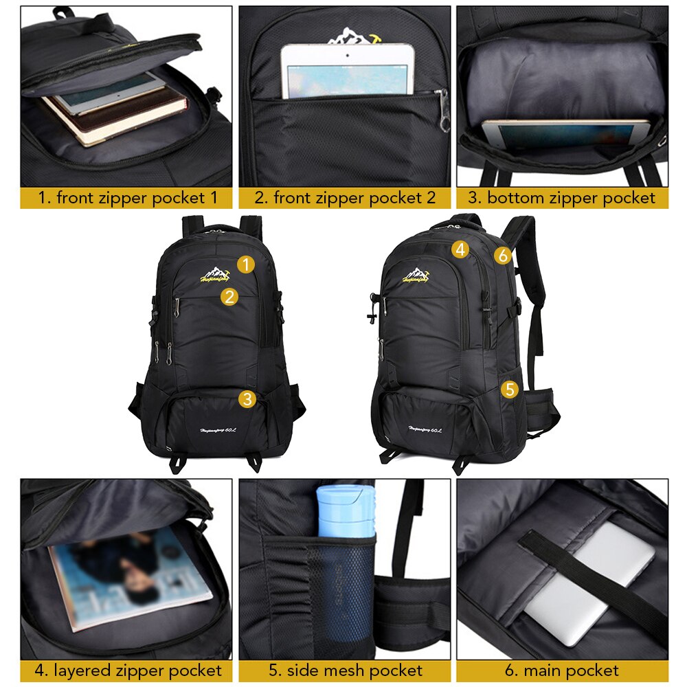 60L Outdoor Camping Backpack Waterproof Nylon Trekking Backpack Large Capacity Hiking Cycling Climbing Sports Travel Backpack