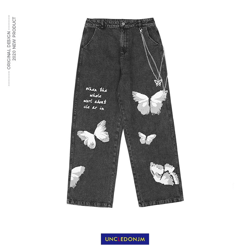 Uncledonjm sommerfugl trykte + kæde jeans mænds hip hop streetwear herre jeans denim kvinder mænd mode sorte jeans mænd  hm1072