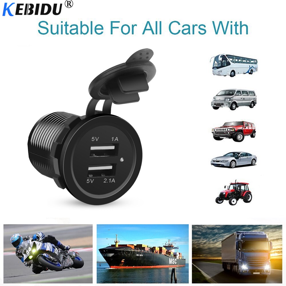 Kebidu universal duplo usb carregador de carro isqueiro usb veículo DC12V-32V à prova dwaterproof água carregador 2 porta tomada de energia 5v 2.1a/1a