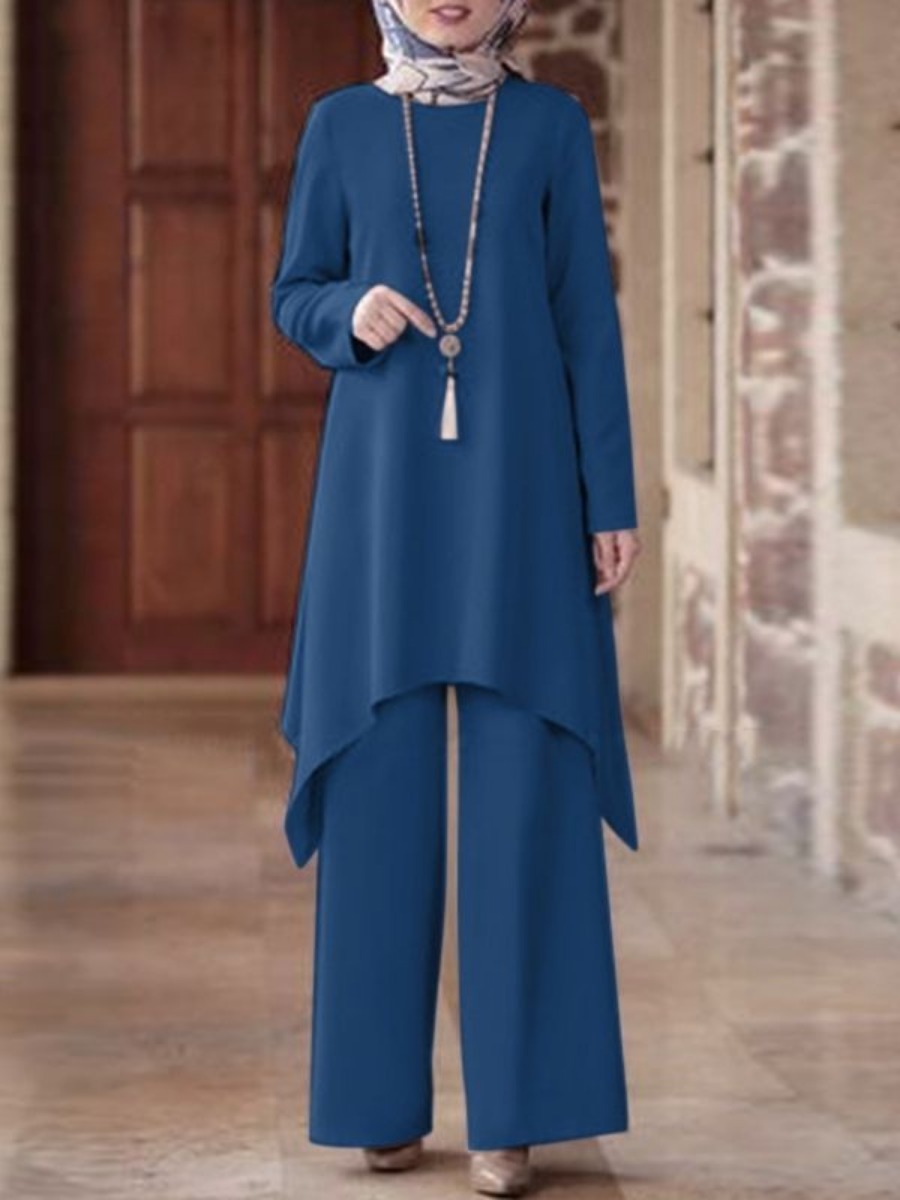 Conjuntos de dos piezas para mujeres musulmanas de Ramadán, camisa y pantalones, trajes sólidos, camisa, blusa, conjuntos musulmanes, caftán marroquí, conjuntos de vestidos islámicos: 5 XL / Azul