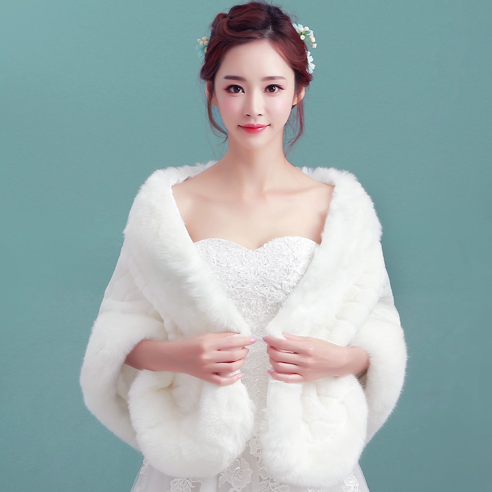 Ivory Winter Warm Faux Fur Women Wedding Bridal Wrap Formal Dinner Evening Shawl Lady Thermal Party Stole Cape Prom Rolled Cloak