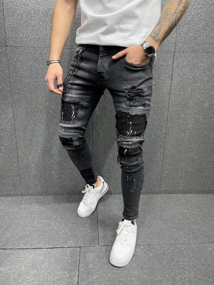 Mannen Ripped Skinny Jeans Zwart Patchwork Biker Potlood Broek Locomotief Denim Broek Straten Hip Hop Cowboy Broek
