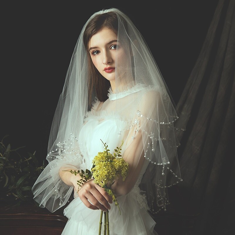 Bruids Sluier Met Crystal Parels Elleboog Lengte Sluier Bridal Veils Wedding Veil Soft Tule Met Kam