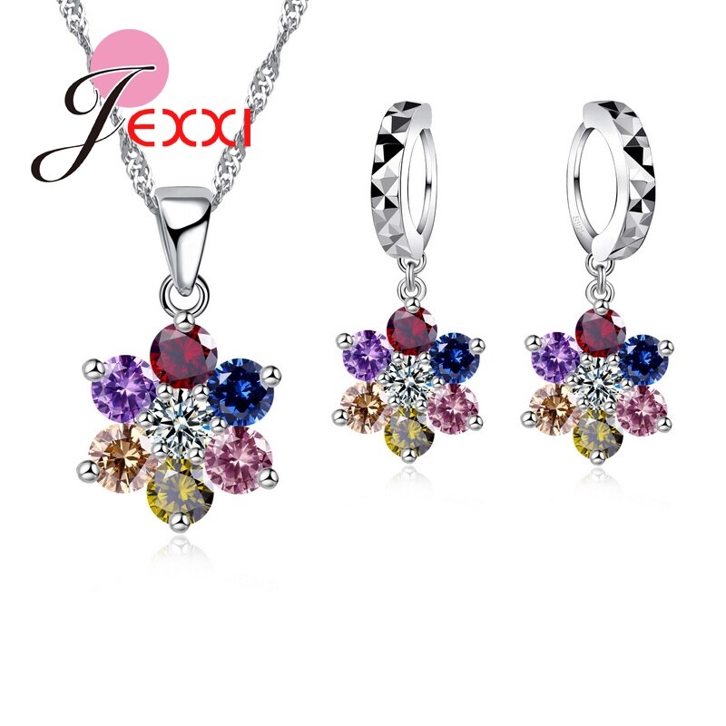 Exquisite Multi Kleur Zirconia Bloem Ketting Crystal Piercing Oorbellen 925 Sterling Sivler Sieraden Sets