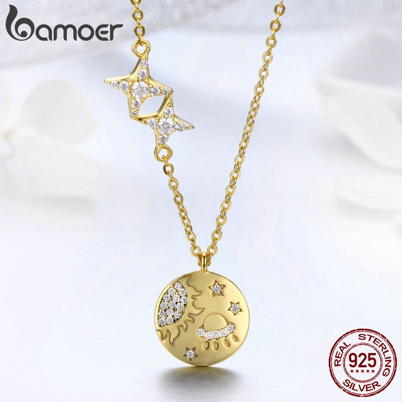 BAMOER 100% 925 Sterling Silber Geheimnis Galaxis Gold Farbe Anhänger Halsketten für Frauen Halskette Schmuck, Der SCN281