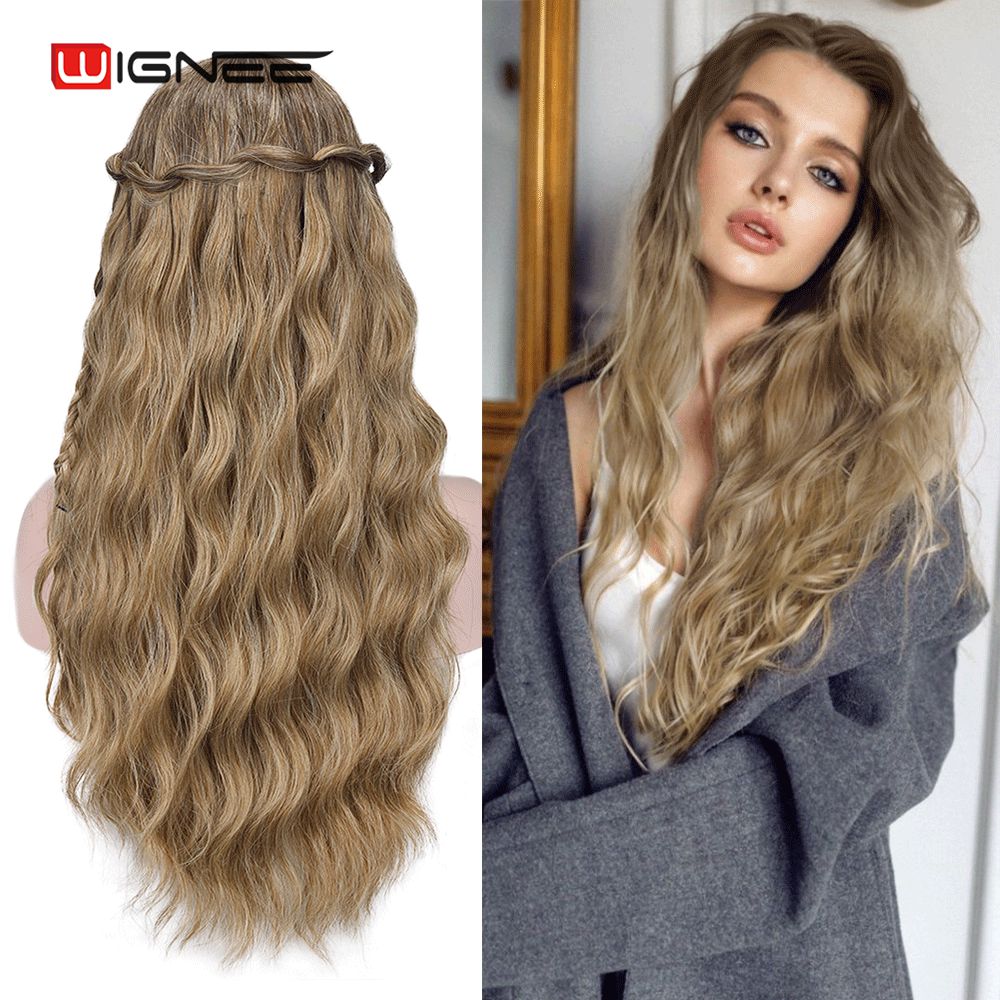 Wignee longo ondulado fibra azul perucas sintéticas parte média resistente ao calor para cabelo natural feminino diário/festa/cosplay party perucas: Ombre Brown