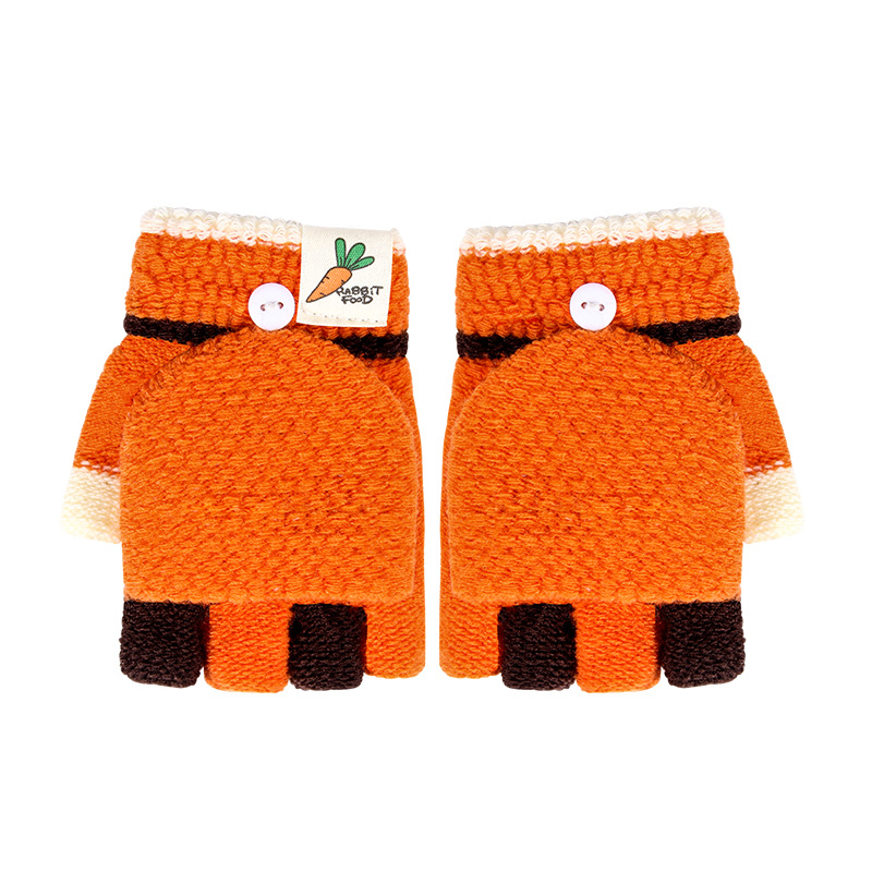 Children Winter Gloves Half Finger Flip Cover Gloves For Kid Girl Knitted Warmer Solid Mittens Baby Woolen Crochet Mitten 3-6Y: Orange