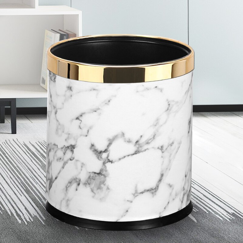 Poubelle de luxe en métal avec couvercle en cuir | Poubelle de bureau ouverte à Double couche de forme ronde