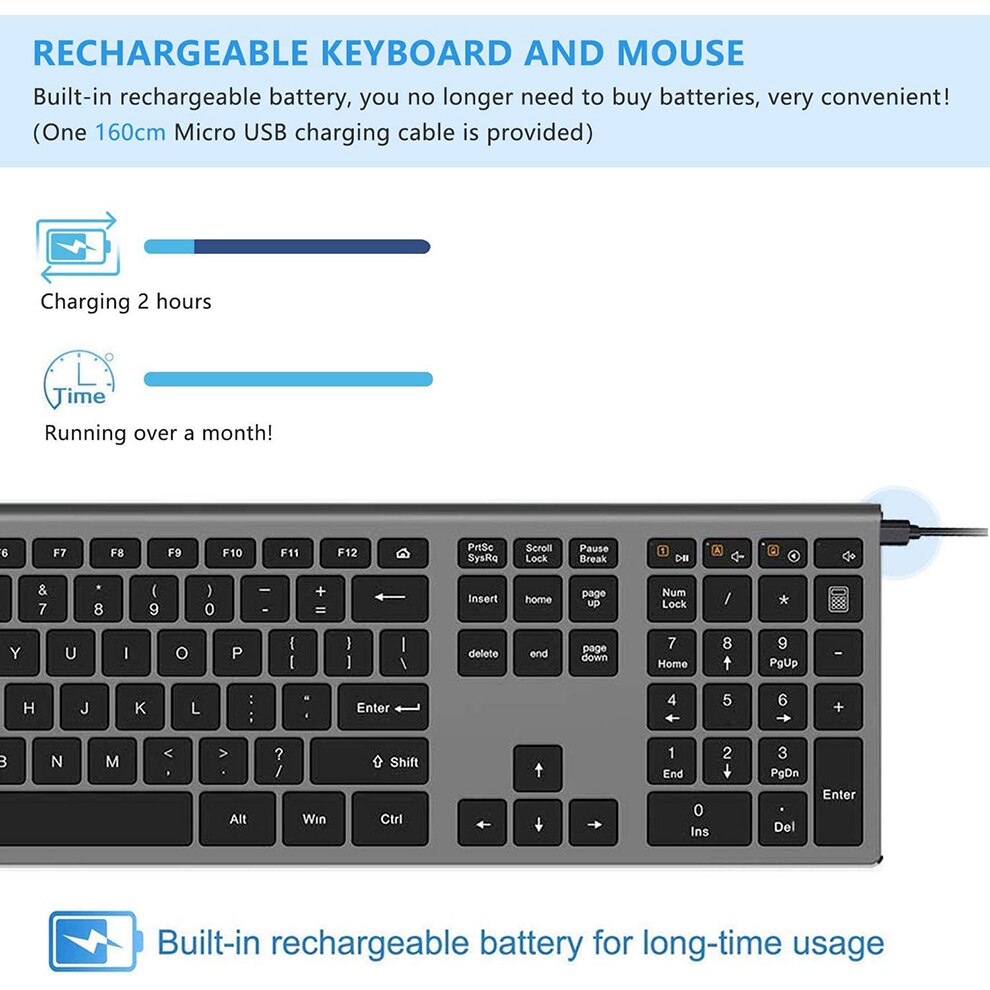 Jelly Comb Rechargeable Wireless Keyboard Ergonomic Ultra-slim 2.4G Full-Size Quiet Keyboard for Windows Computer Laptop