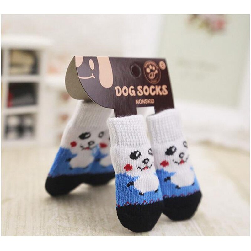 4pcs/Set Anti-Slip Dog Socks Cat Socks with Rubber Reinforcement Pet Paw Protector Cute Puppy Dog Knit Socks Indoor Wear