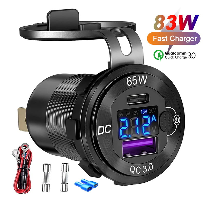 12V/24V USB Auto Ladung 83W PD Typ-C Schnelle Lade Steckdose Laptop Buchse mit Voltmeter motorrad Steckdose Lade Adapter