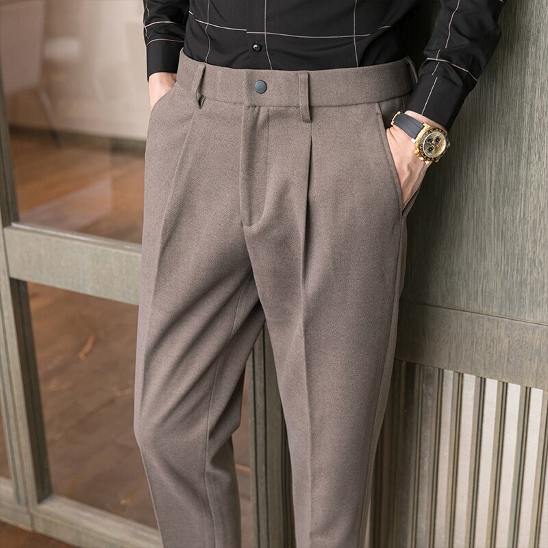 Herfst Winter Wollen Business Jurk Broek Voor Mannen Effen Kleur Toevallige Slanke Bruiloft Kantoor Sociale Pak Broek Streetwear Broek: Khaki / M