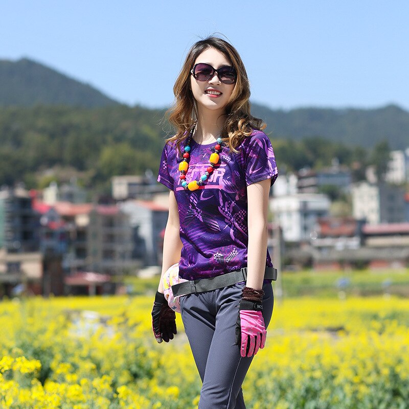 Spring Summer Women Outdoor Camouflage Flower Clothes Short Sleeve T-shirt Campng Trekking Ventilation Hike Mountaineering Sweat: Violet / S