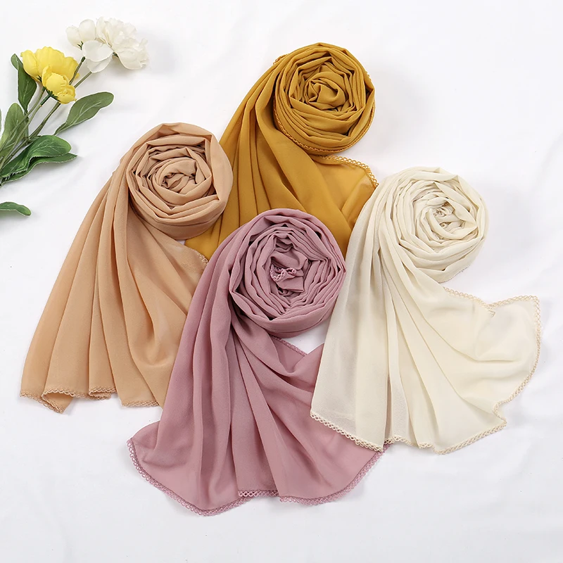 Premium Chiffon Hijab Sjaal Voor Vrouwen Tulband Sluier Kant Stiksel Sjaals Moslim Hijaabs Effen Kleur Vrouw Hoofddoek Sjaal Ramadan