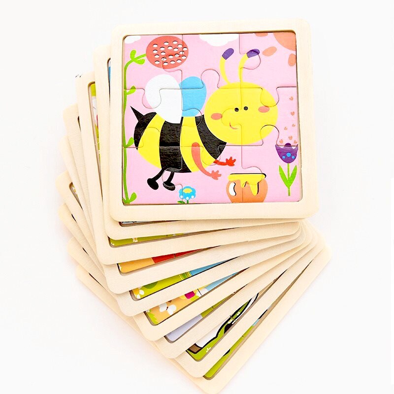 Puzle de madera de juguete para niños, 9 piezas, 3D, mini tamaño, dibujos animados, animales, tráfico, tangram, puzzle, educación