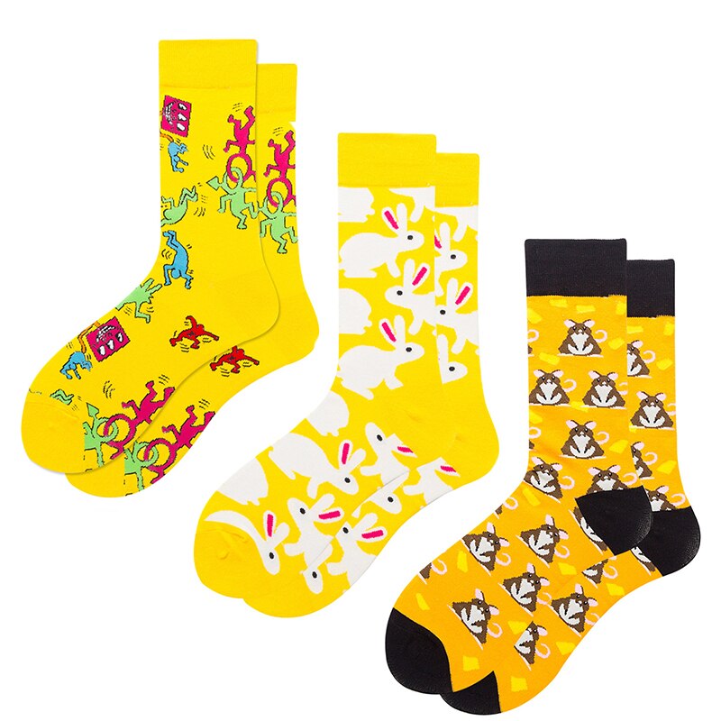 3pairs Funny Socks Personality Cotton Men& Women Sports Socks Beer Mouse Rabbit Shrimp Stamp Animal Food Fruit Cycling Socks: 15